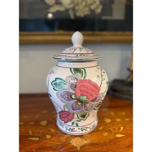 Vintage Floral Ginger Jar • Hand Painted Porcelain Lidded Vase Decor 10.5"